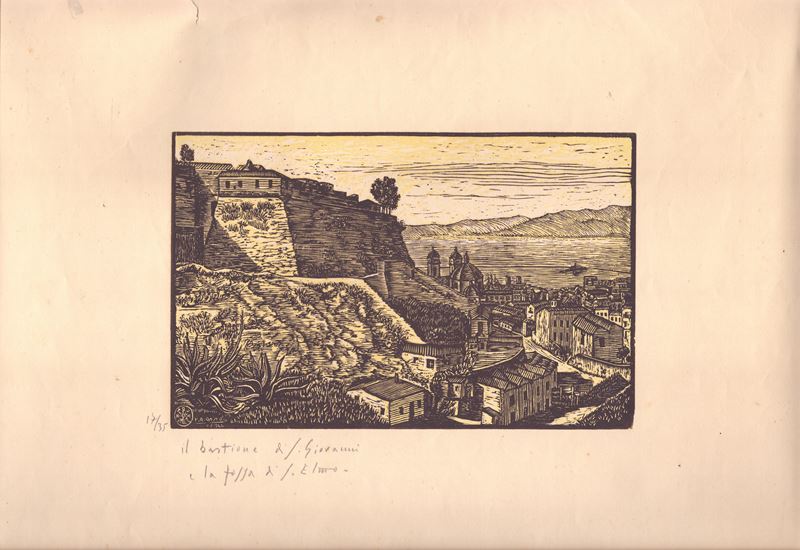 Raffaele Angelo Oppo - Il bastione di S. Giovanni e la fossa di S. Elmo (Valletta), xilografia a ...