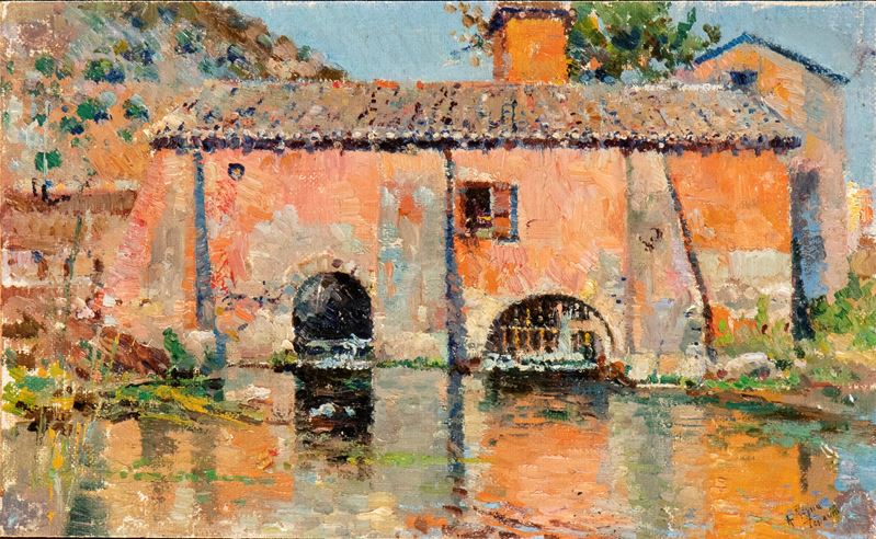 Antonio Maria De Reyna Manescau - Sorgente di Feronia a Terracina, olio su tavoletta