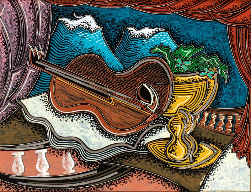 Pippo Oriani - Chitarra alla finestra, encausto - graffito su cartone gessato