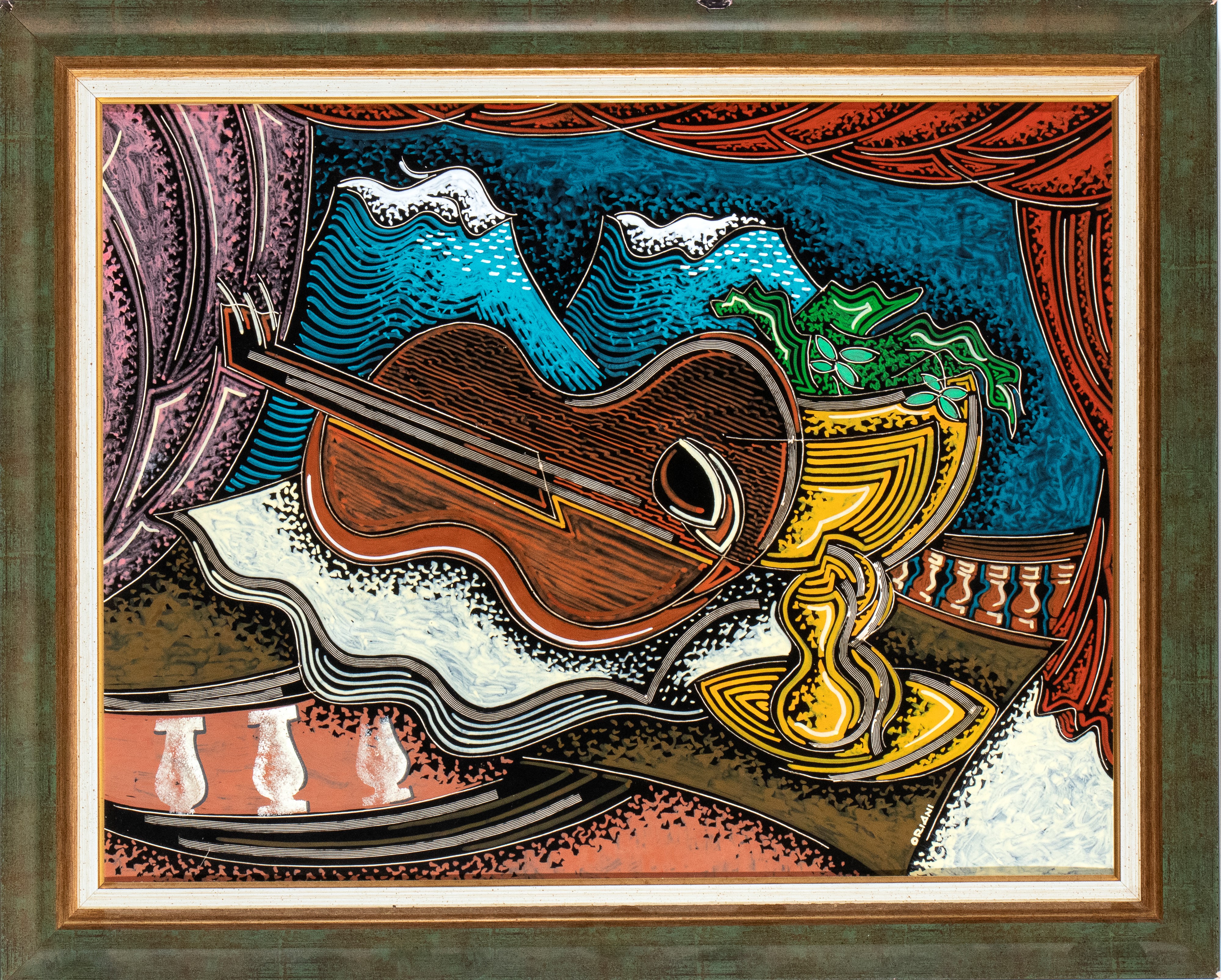 Pippo Oriani - Chitarra alla finestra, encausto - graffito su cartone gessato