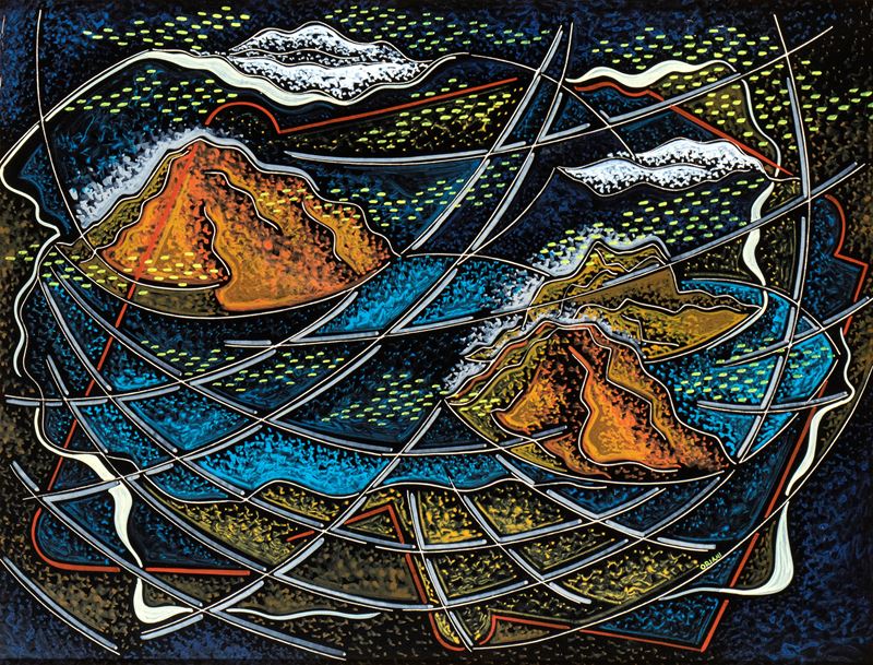 Pippo Oriani - Volo sul golfo, encausto graffito su cartone gessato