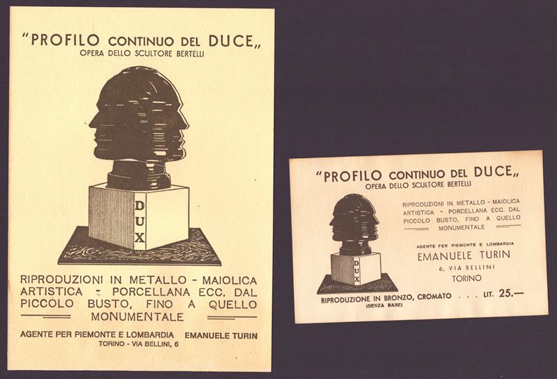 Profilo continuo del duce. Riproduzioni dell'opera di Bertelli.