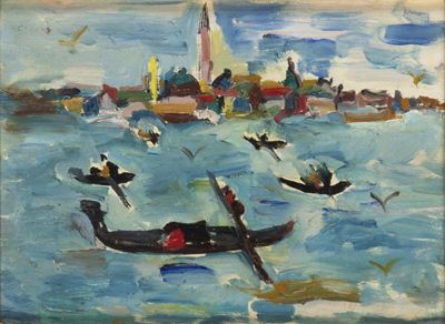 Veduta di Venezia con gondole, olio su tavola