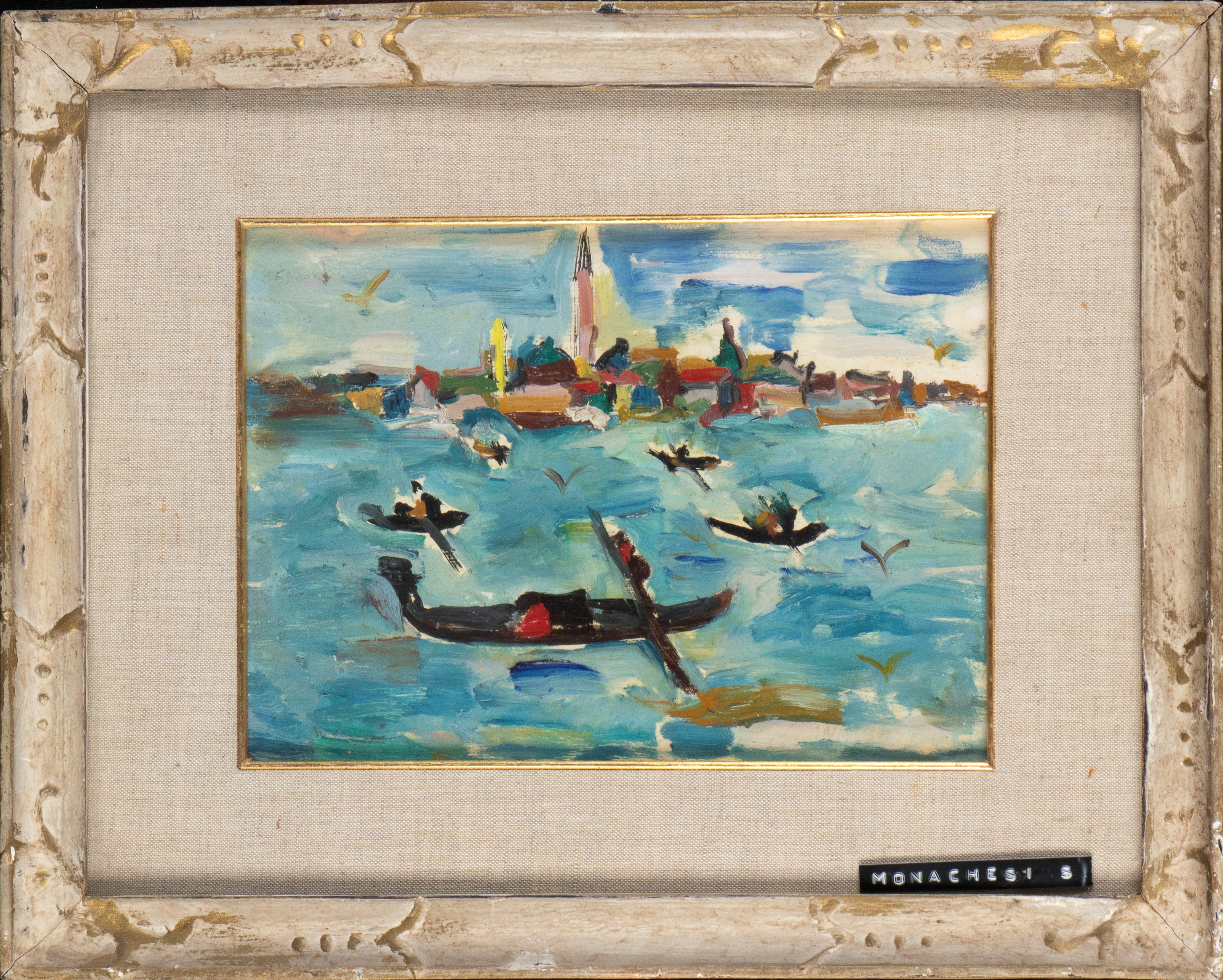 Sante Monachesi - Veduta di Venezia con gondole, olio su tavola