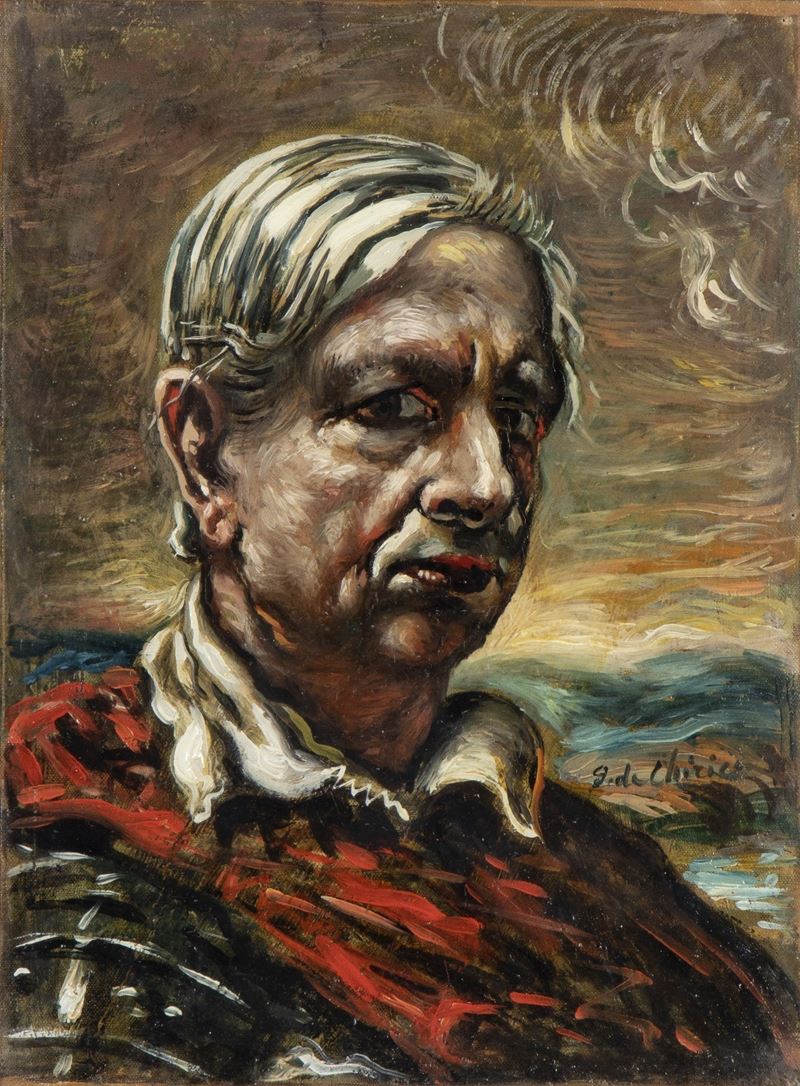 Giorgio De Chirico - Autoritratto con manto rosso, olio su tela, 40 x 30,5 cm, 1956