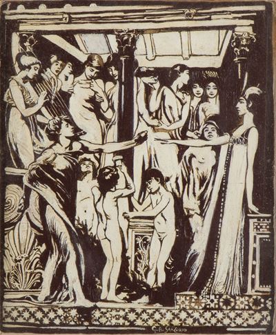 Bozzetto preparatorio per una scena del poema Sibilla, olio e tempera su carta