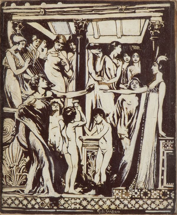 GIULIO ARISTIDE SARTORIO - Preparatory sketch for one of the scenes from the poem Sibilla