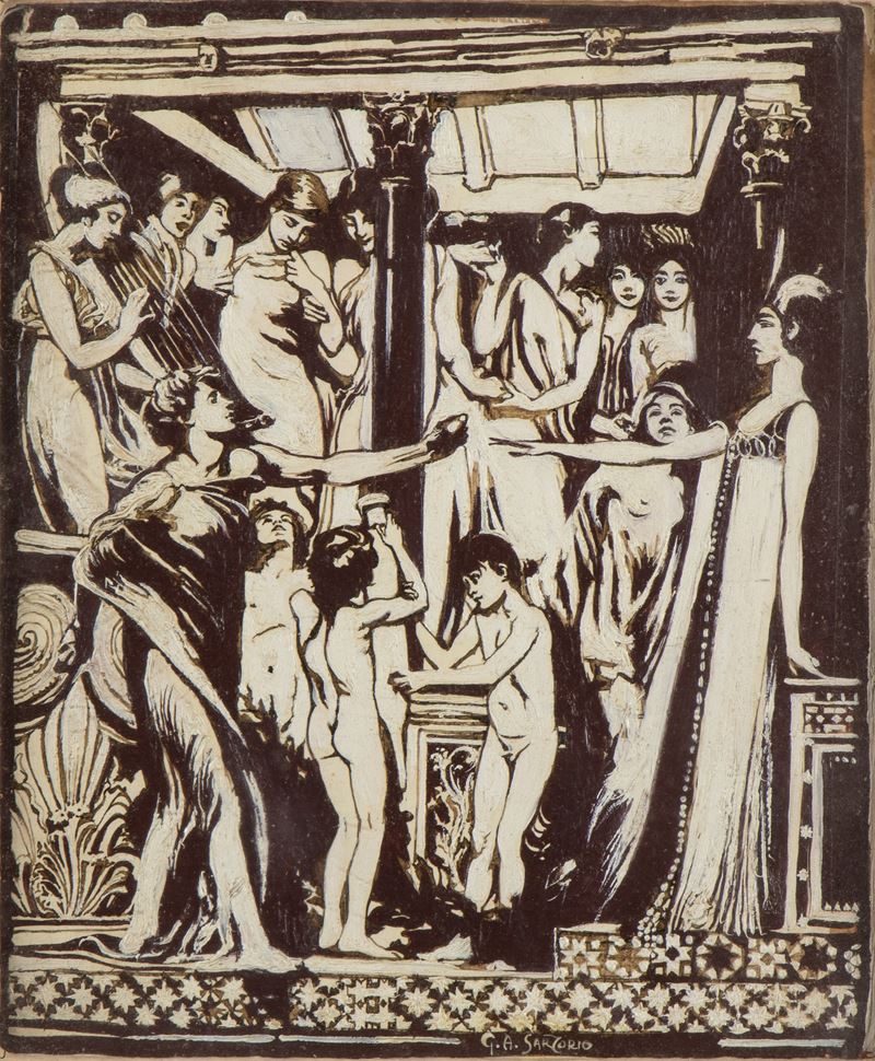 Giulio Aristide Sartorio - Bozzetto preparatorio per una scena del poema Sibilla, olio e tempera ...
