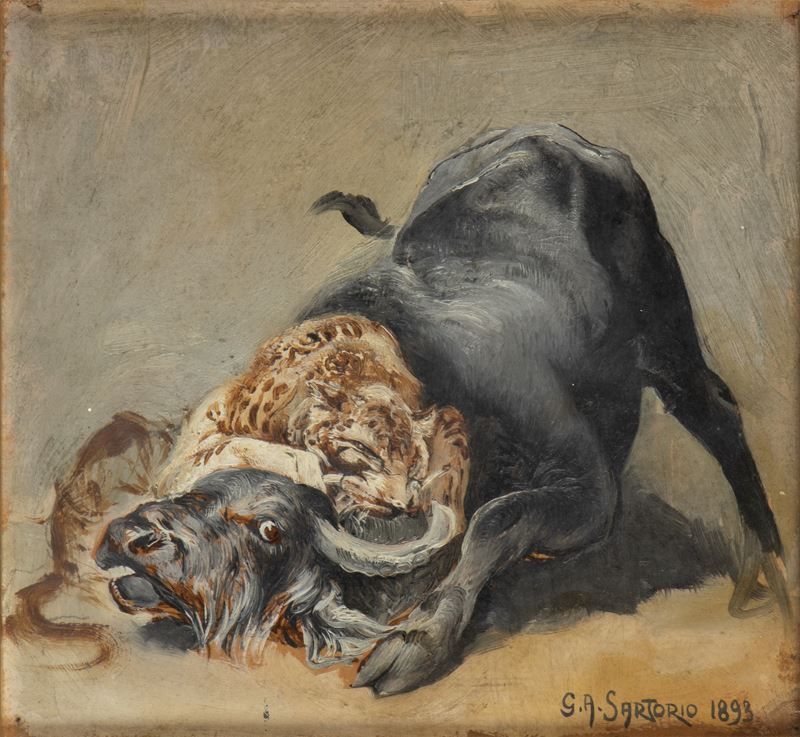 Giulio Aristide Sartorio - Scena di predazione animale, olio su tavola