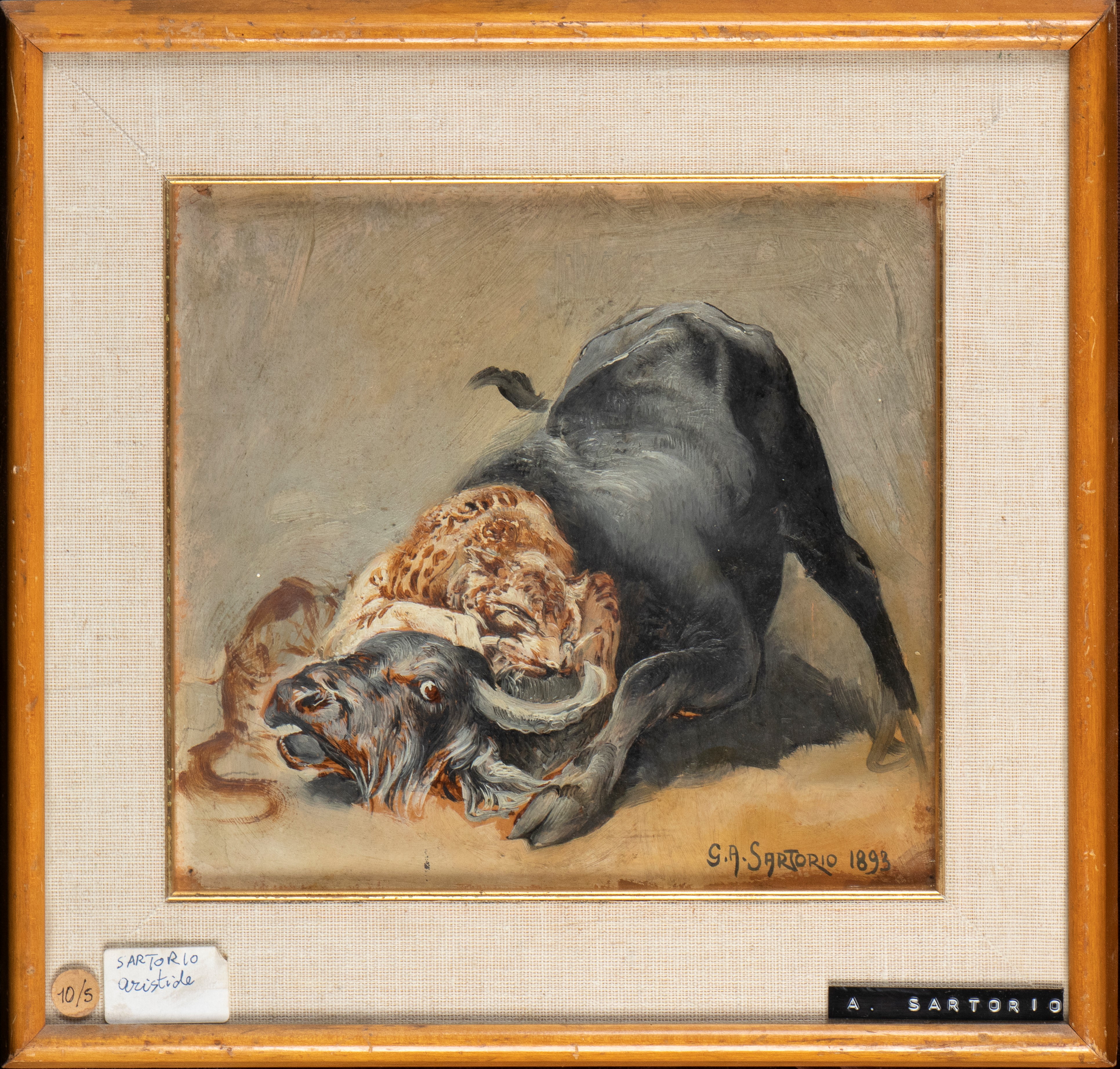 Giulio Aristide Sartorio - Scena di predazione animale, olio su tavola
