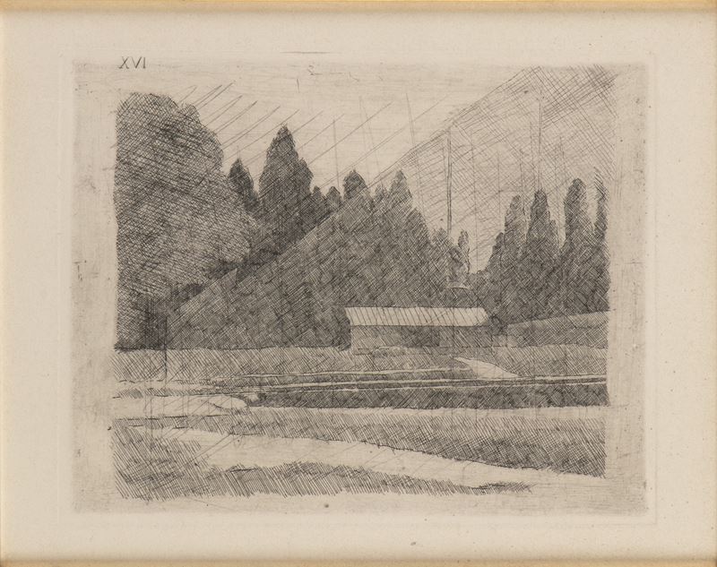 Giorgio Morandi - Campo di tennis ai giardini Margherita a Bologna, acquaforte su zinco
