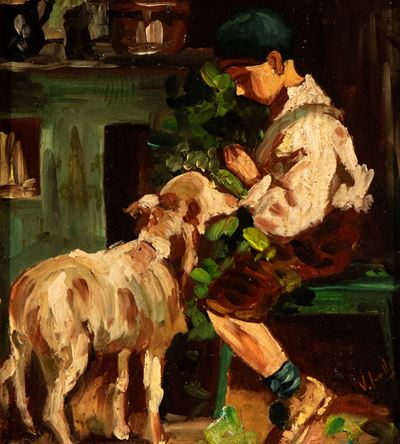 Veduta di interno con bambino, olio su tavoletta