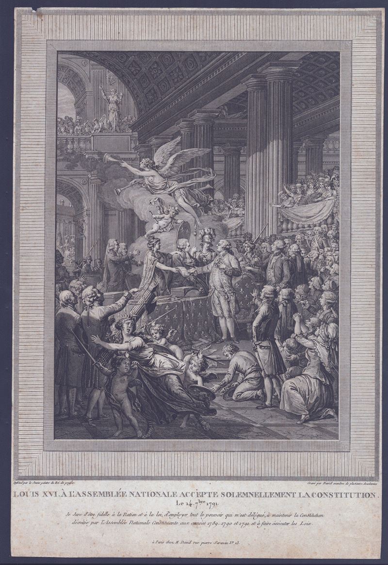 François Anne David - Luigi XVI all'assemblea nazionale accetta la costituzione, acquaforte e bul...
