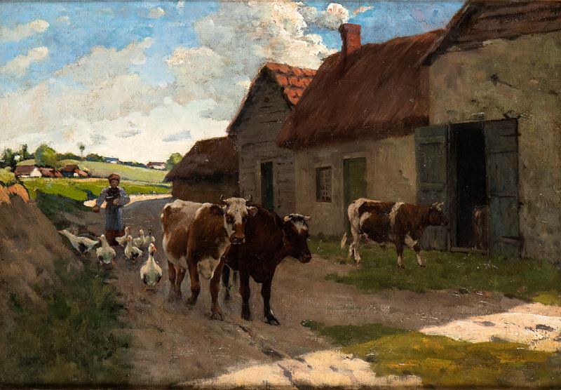 Edwin Connell - Paesaggio agreste con pastore, olio su tela