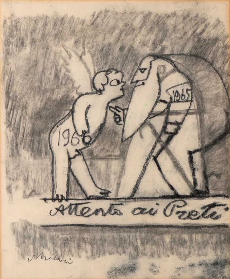 Mino Maccari - Scena satirica, carboncino su carta