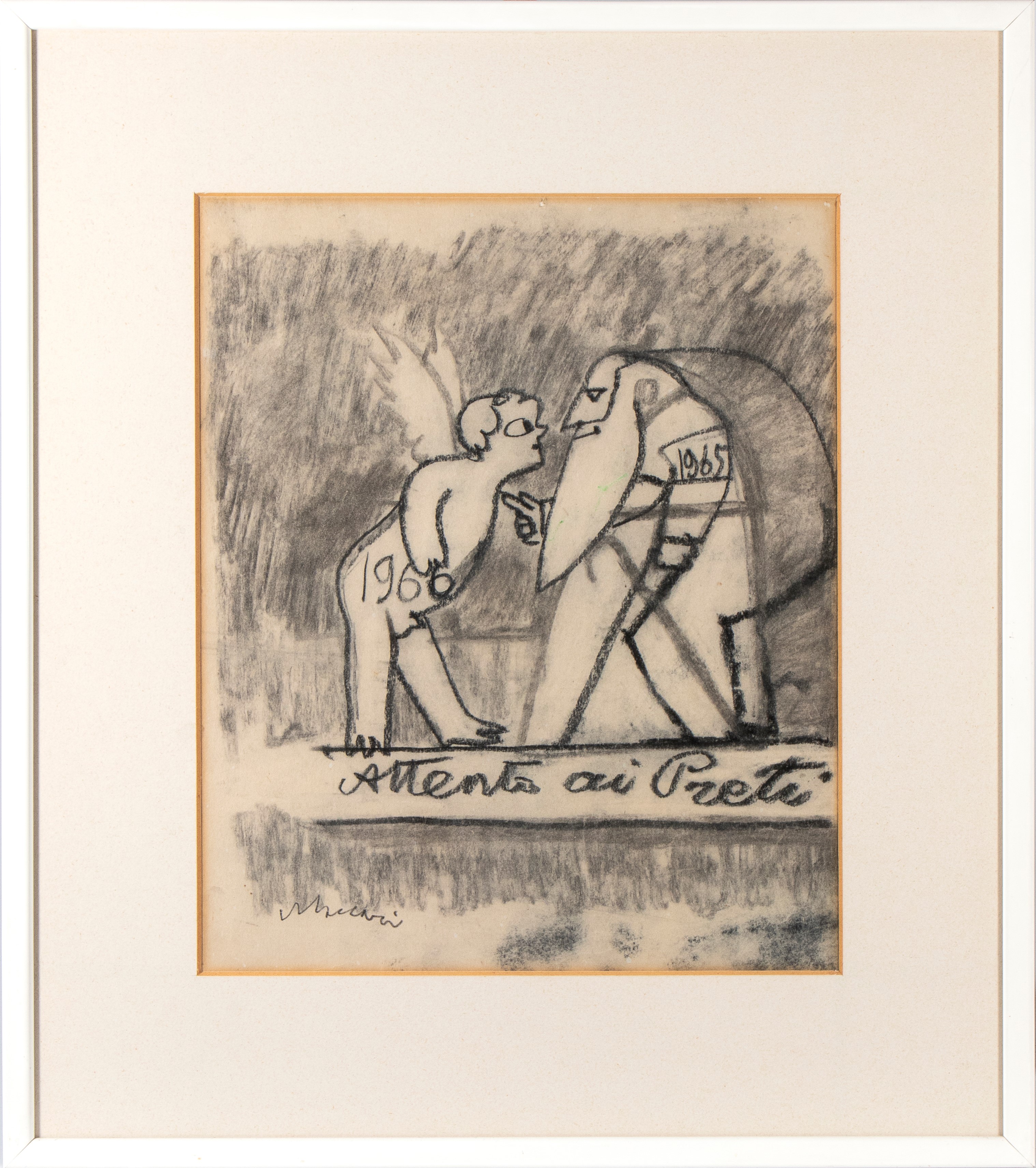 Mino Maccari - Scena satirica, carboncino su carta