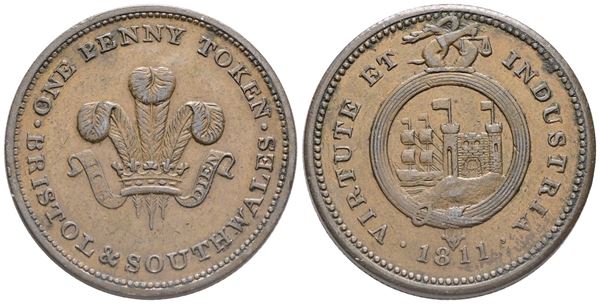 INGHILTERRA. Penny Token, Bristol & South Wales, 1811. Ae. 18,8gr. qSPL