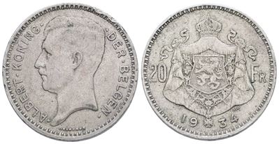 Belgio. Alberto (1910-1934). 20 Franchi 1934. Ag. 11gr. Km 104. Bb+, Colpo al Bordo.