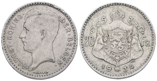 BELGIO. Alberto (1910-1934). 20 franchi 1934. Ag. 11gr. KM 104. BB+, colpo al bordo.  - Auction MODERN COINS AND MEDALS AND NUMISMATIC LITERATURE - Bertolami Fine Art - Casa d'Aste