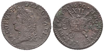 Irlanda. Giacomo II (1660-1696). Scellino 1690. Cu. 4,17gr. Km 100. Bb