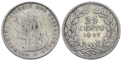Olanda. Guglielmina (1890-1948). 25 Centesimi 1897. Ag. 3,58gr. Km 115. Qbb