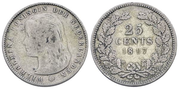 OLANDA. Guglielmina (1890-1948). 25 centesimi 1897. Ag. 3,58gr. KM 115. qBB