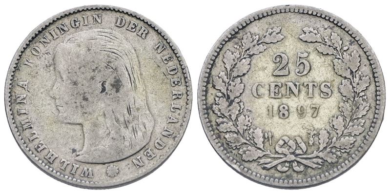 Olanda. Guglielmina (1890-1948). 25 Centesimi 1897. Ag. 3,58gr. Km 115. Qbb