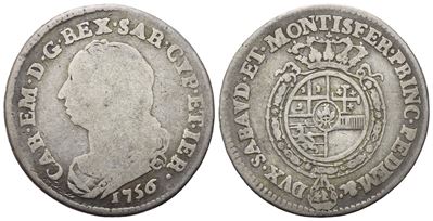 Regno di Sardegna. Carlo Emanuele III (1730-1733). Ottavo di Scudo 1756. Ag. 4,28gr. Mir 949b. Mb