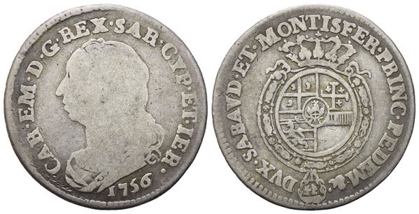 REGNO DI SARDEGNA. Carlo Emanuele III (1730-1733). Ottavo di scudo 1756. Ag. 4,28gr. Mir 949b. MB