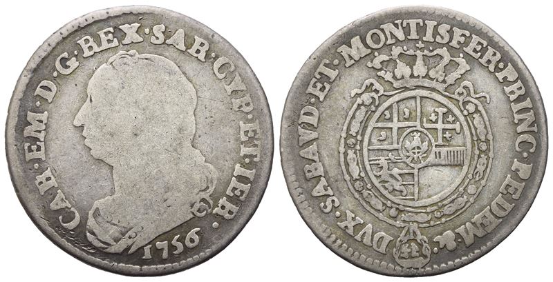 Regno di Sardegna. Carlo Emanuele III (1730-1733). Ottavo di Scudo 1756. Ag. 4,28gr. Mir 949b. Mb
