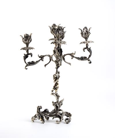 Candelabro a tre fiamme, argento 925, stile Rococò