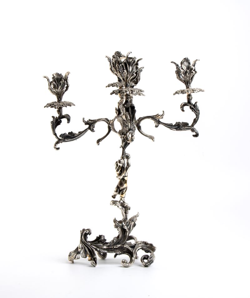 Candelabro a tre fiamme, argento 925, stile Rococò