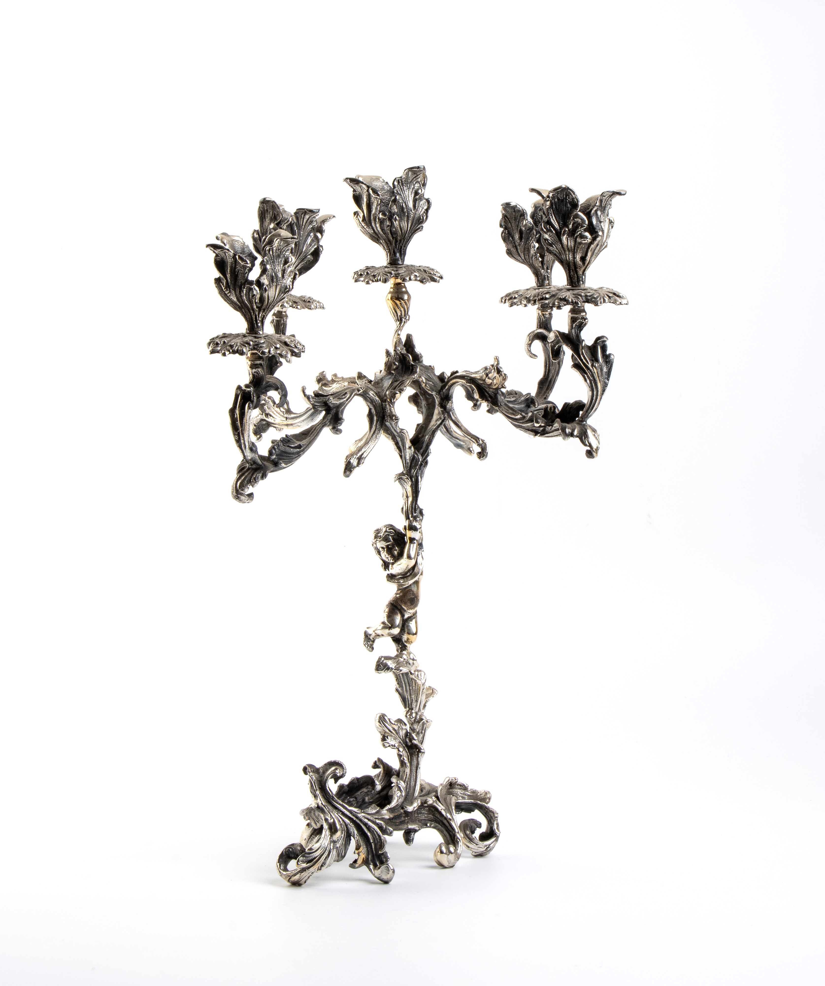 Candelabro a tre fiamme, argento 925, stile Rococò