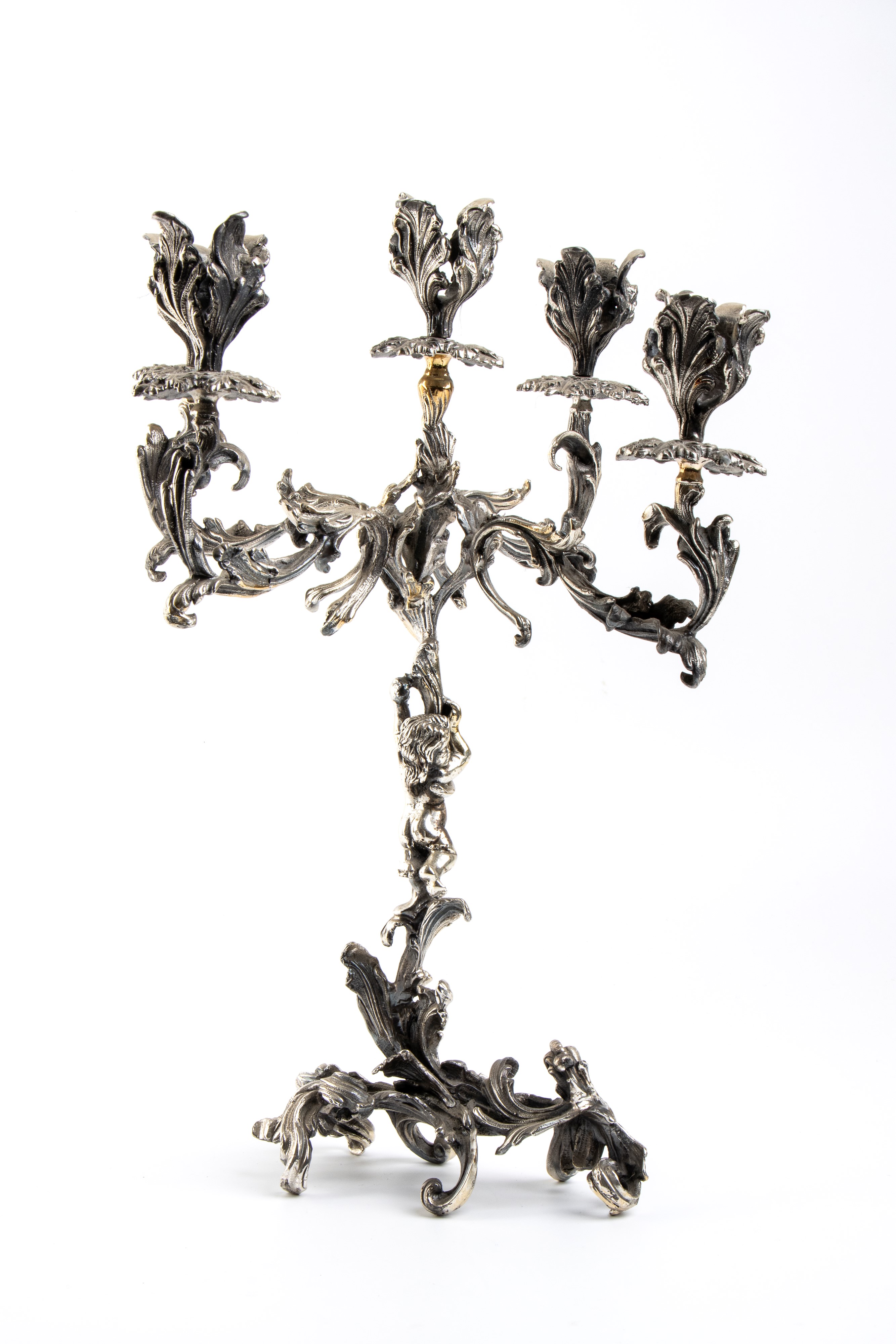 Candelabro a tre fiamme, argento 925, stile Rococò