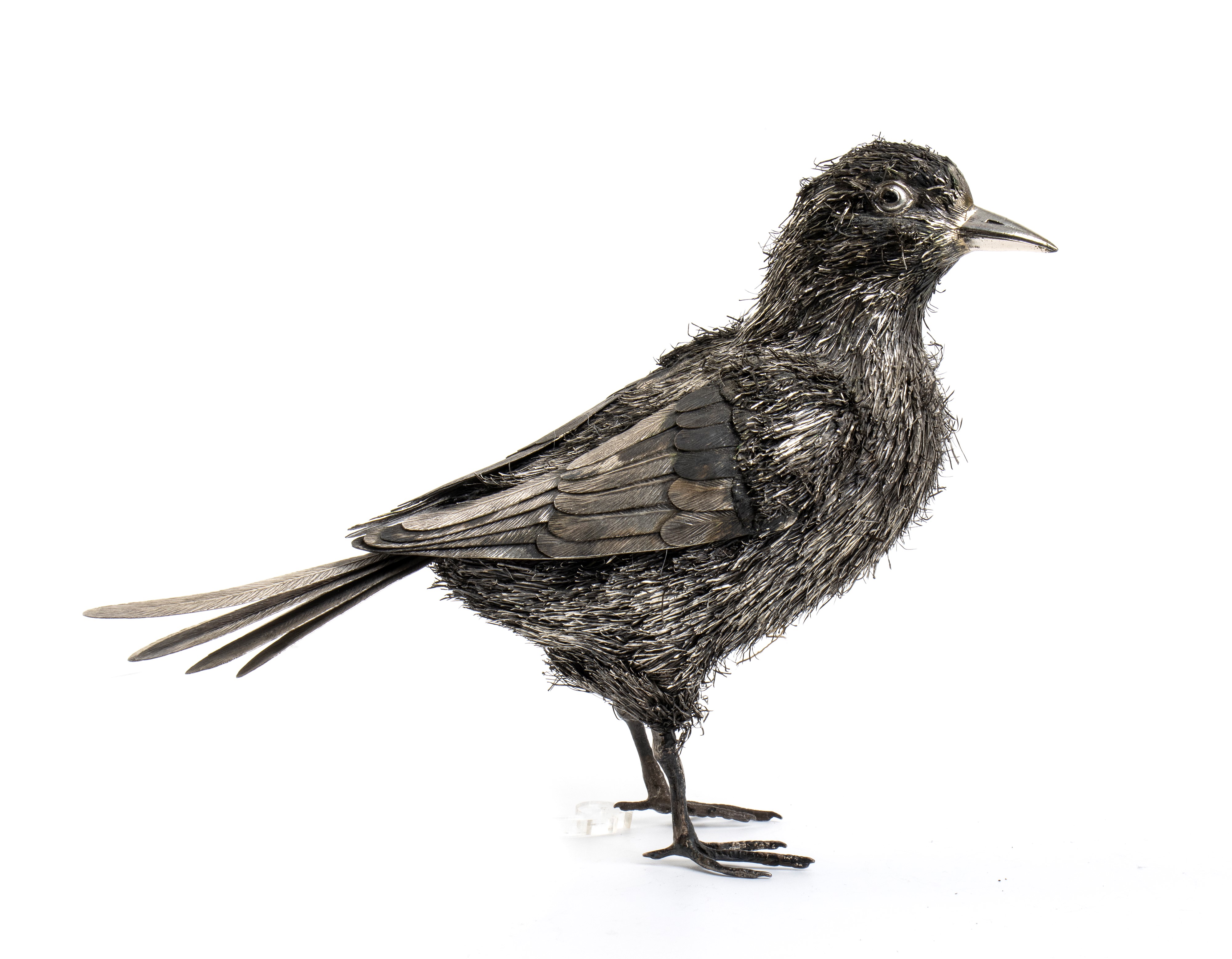 Merlo, scultura in argento con piumaggio in filamenti metallici, Italia, XX secolo