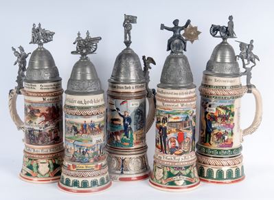 Boccale del riservista, lotto di cinque in ceramica policroma con coperchi in peltro