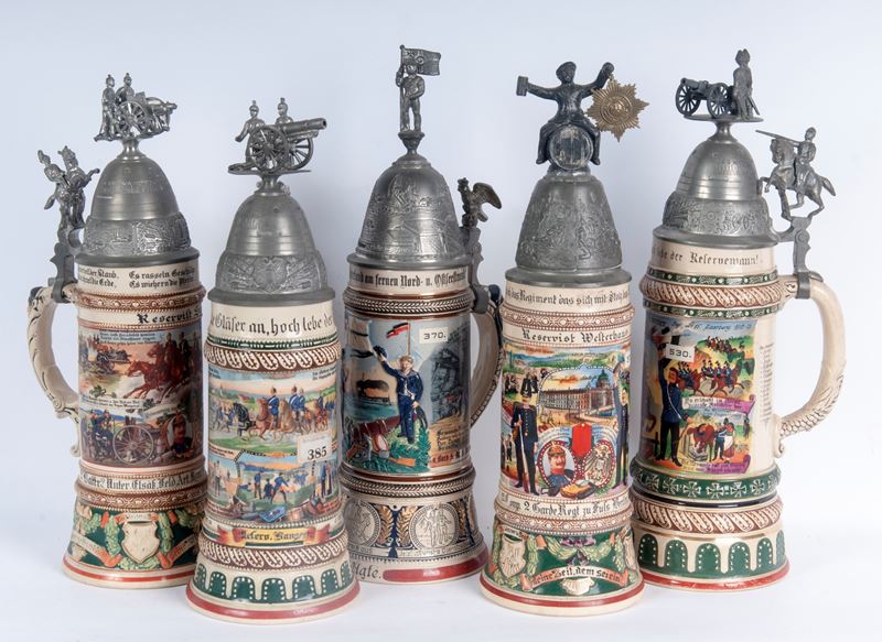 Boccale del riservista, lotto di cinque in ceramica policroma con coperchi in peltro