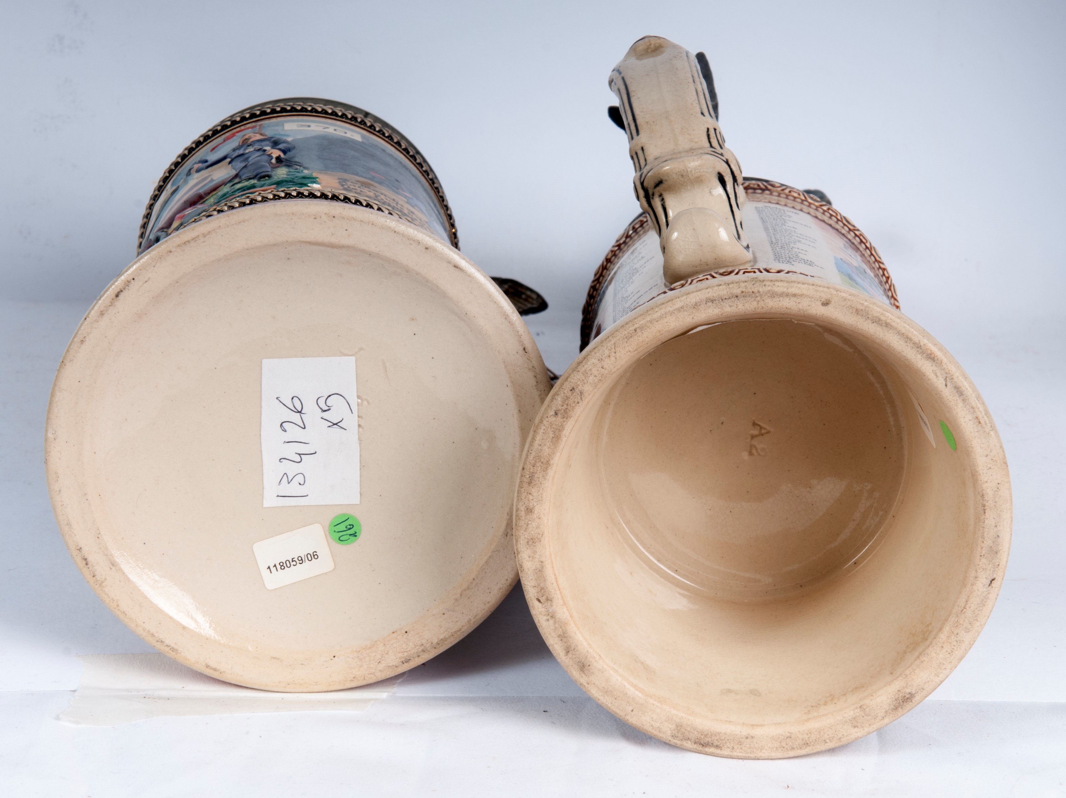 Boccale del riservista, lotto di cinque in ceramica policroma con coperchi in peltro