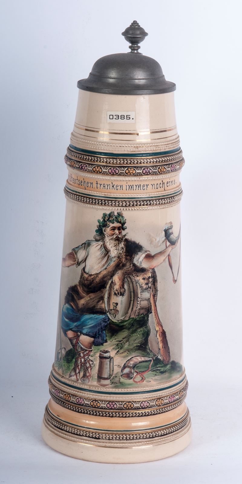 Boccale da birra, ceramica policroma con coperchio in peltro, inizio XX secolo