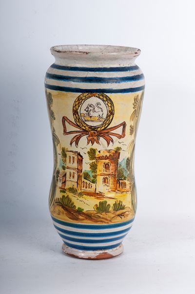 Albarello da farmacia, ceramica policroma, seconda metà XVIII secolo