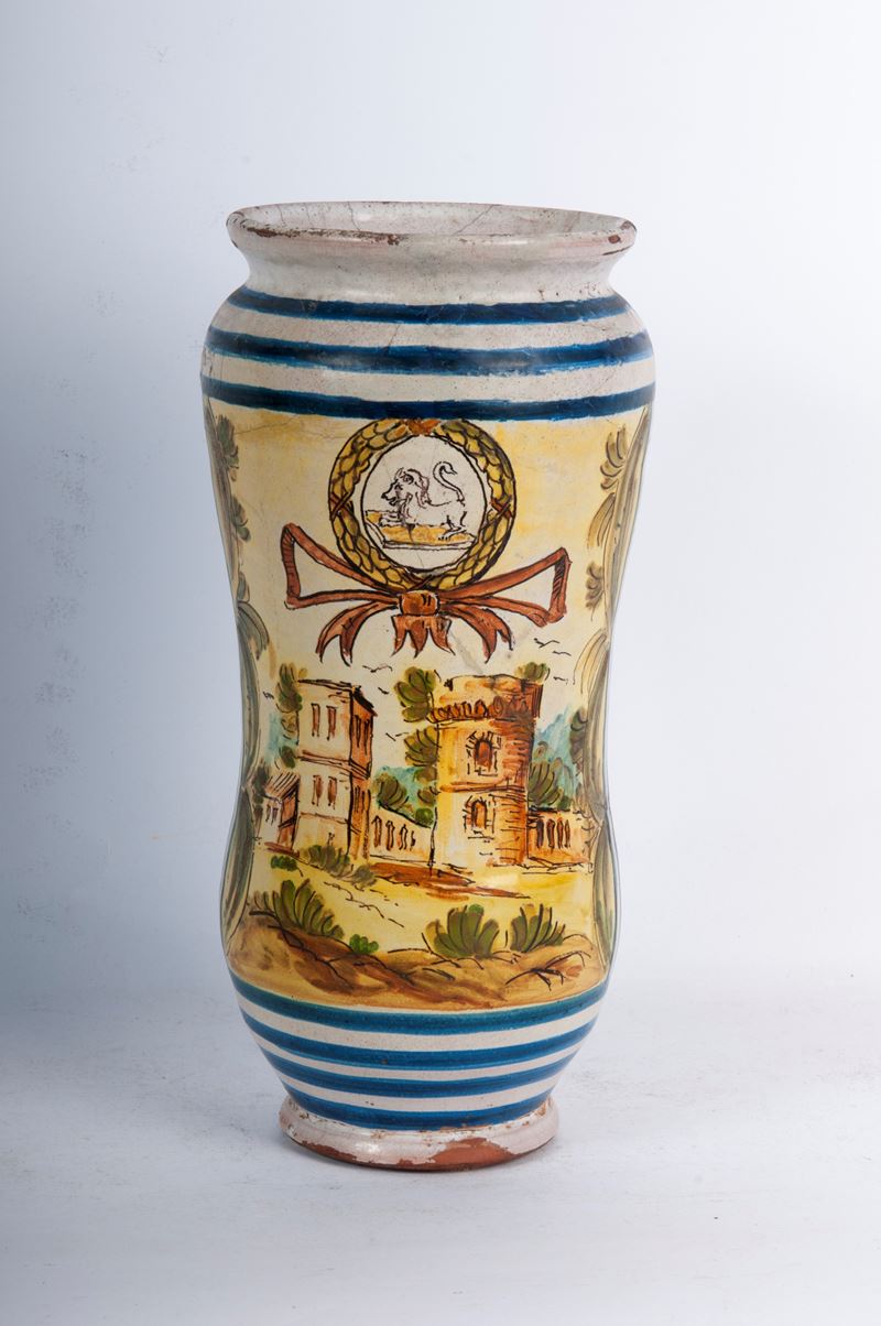 Albarello da farmacia, ceramica policroma, seconda metà XVIII secolo