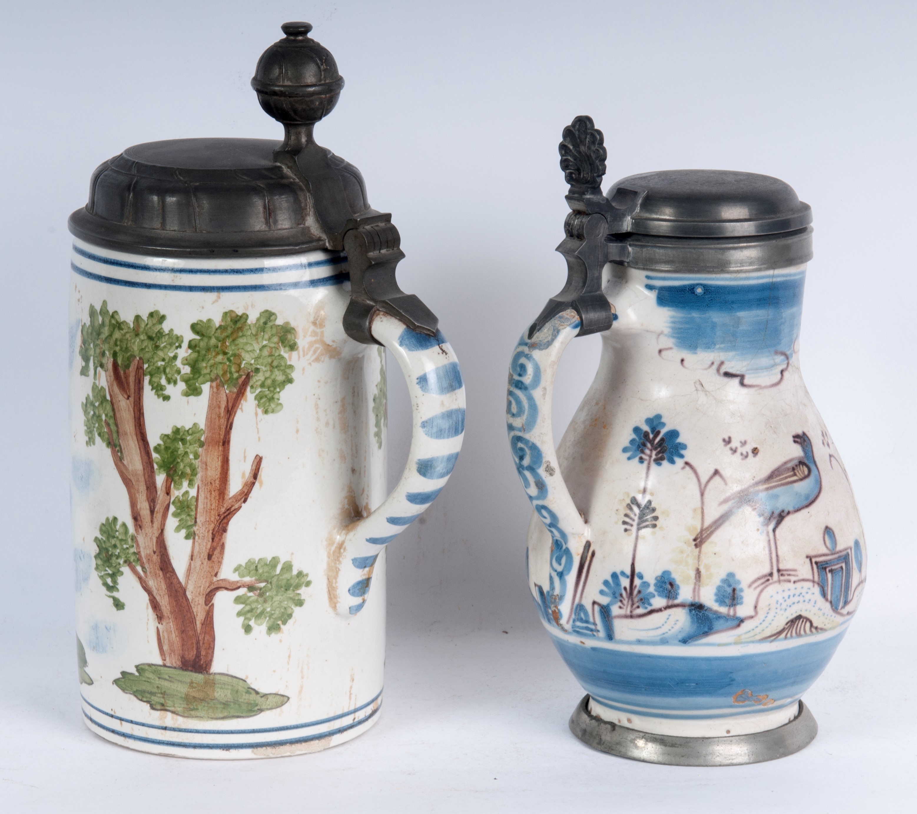 Boccale e brocca da birra, ceramica policroma con coperchio in peltro, manifatture tedesche, fine...