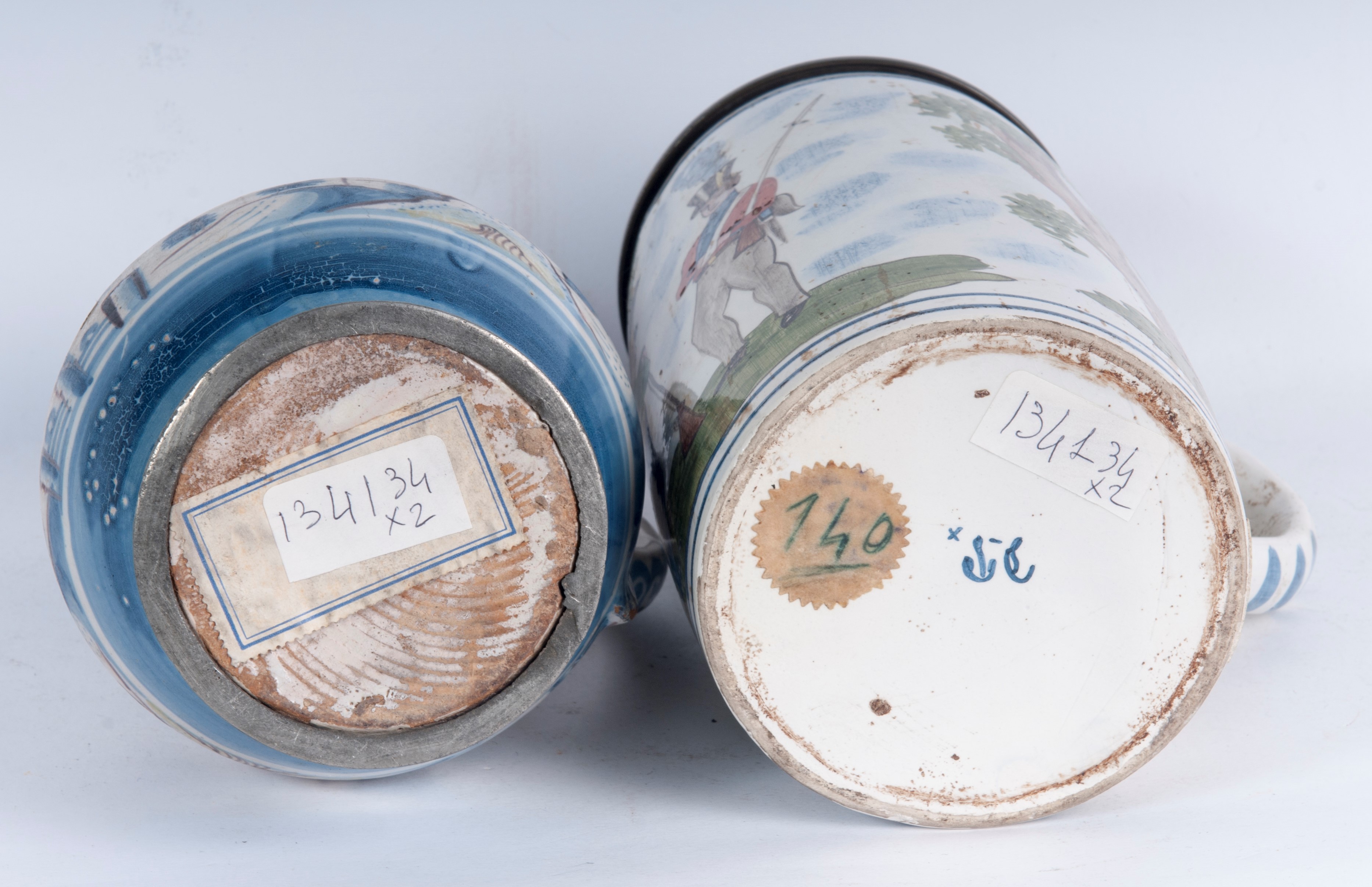 Boccale e brocca da birra, ceramica policroma con coperchio in peltro, manifatture tedesche, fine...