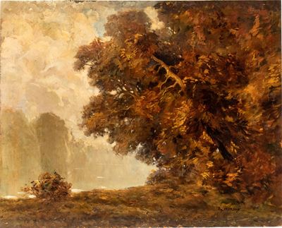 Paesaggio alberato, olio su tavola