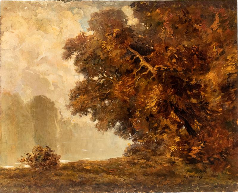 Tito Corbella - Paesaggio alberato, olio su tavola