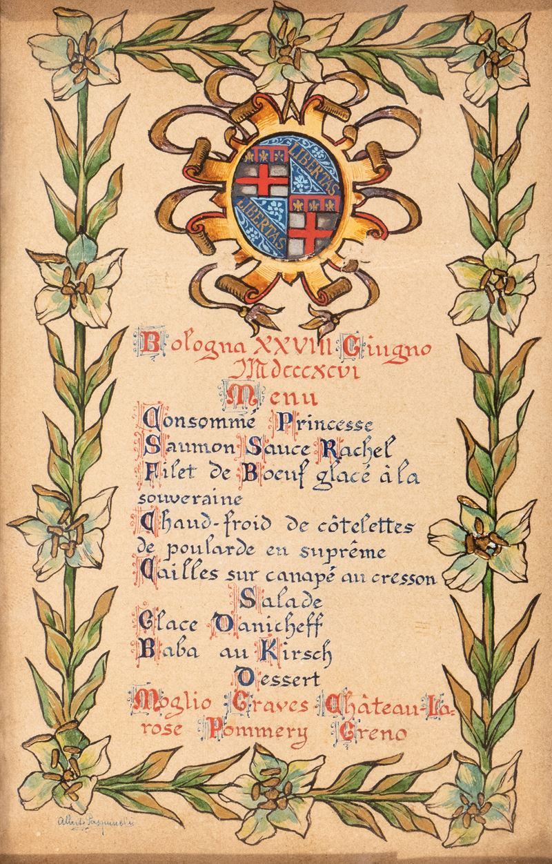 Alberto Pasquinelli - Menu, inchiostro e acquerello su carta, 1896