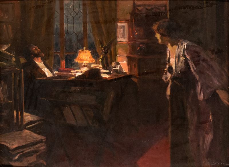 Lionello Arduino Balestrieri - Scena di interno, olio su cartone