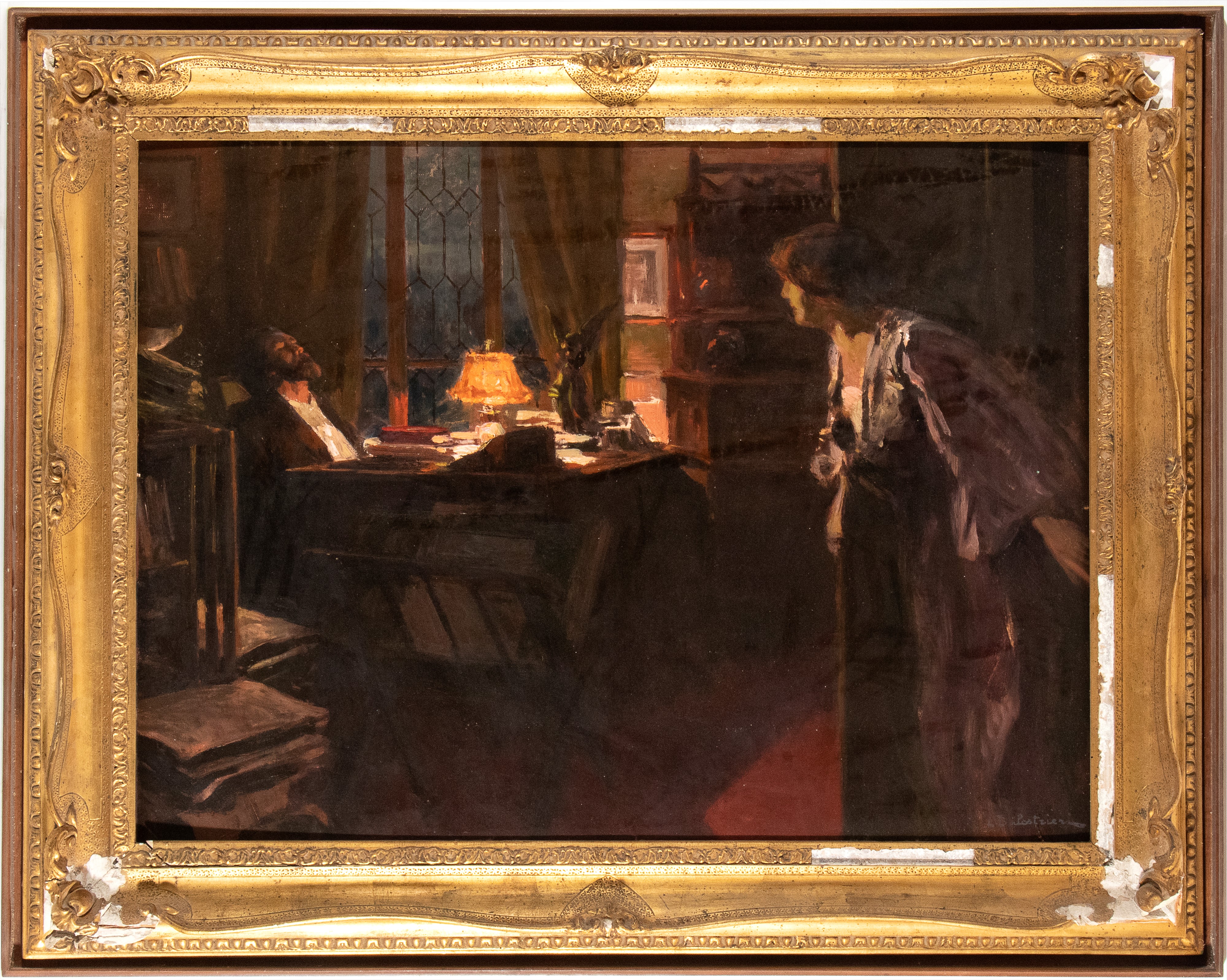 Lionello Arduino Balestrieri - Scena di interno, olio su cartone