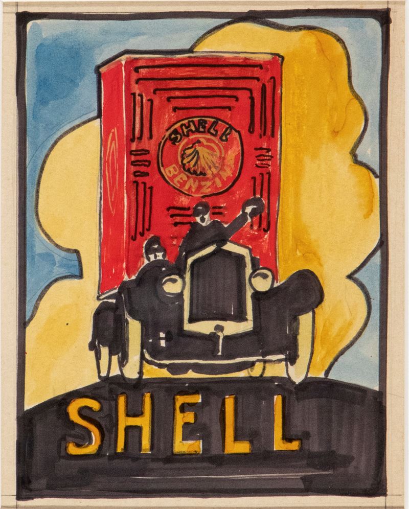 Bozzetto pubblicitario Shell, tecnica mista su carta