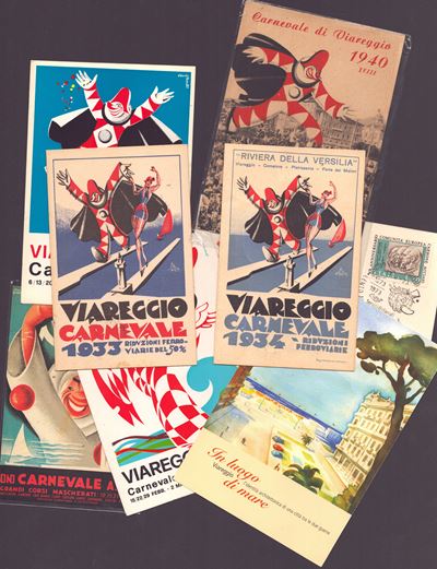 Carnevale di Viareggio, Lotto di 10 cartoline postali e chiudilettera, Litografia e stampa offset
